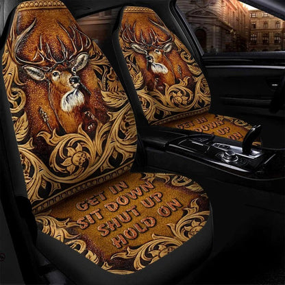 Deer Faux Tooled Leather Car Seat Cover Set, Best Seatcover For Auto SO0330