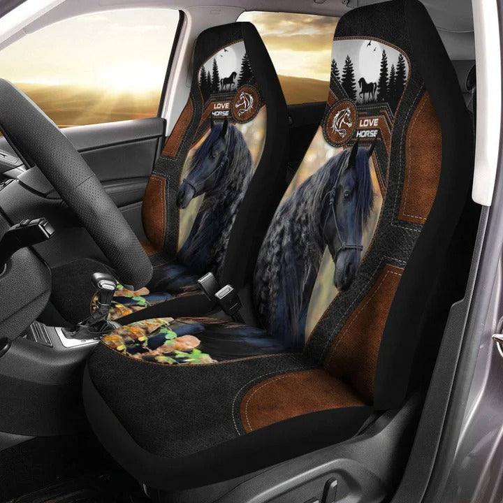 Love Black Horse Faux Leather Car Seat Cover Set, Horse Printed Seat Cover For Car SO0328