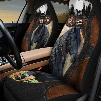 Love Black Horse Faux Leather Car Seat Cover Set, Horse Printed Seat Cover For Car SO0328