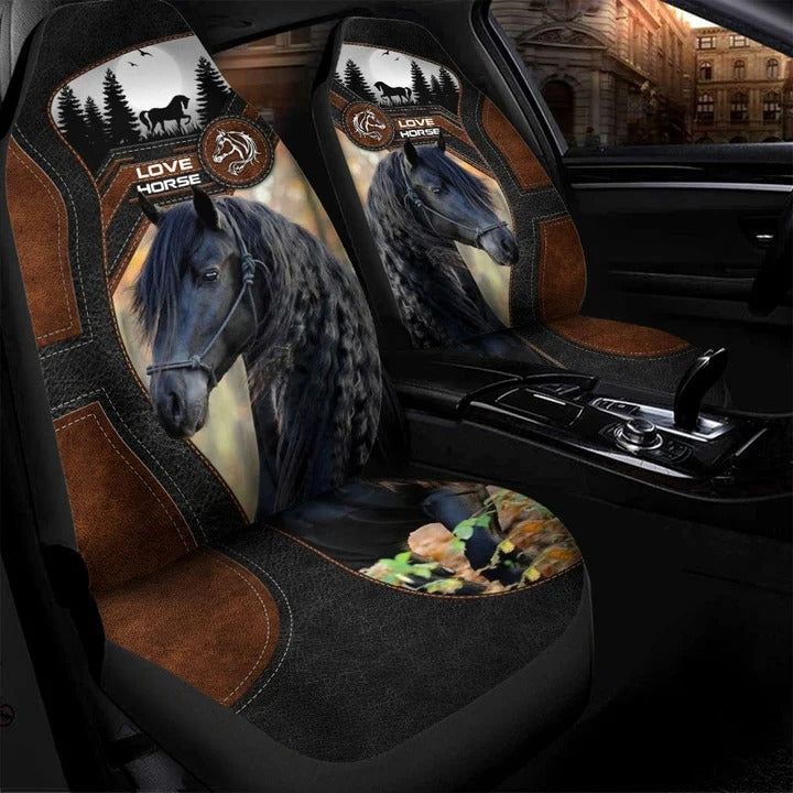 Love Black Horse Faux Leather Car Seat Cover Set, Horse Printed Seat Cover For Car SO0328