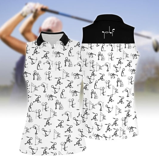 3D All Over Print Stickfigures Playing Golf Women Short Sleeve Polo Shirt Sleeveless Polo Shirt SO0556