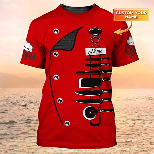 Cook T Shirts 3D Custom Name Chef Knives Red Shirt, Chef Uniform Tshirt TO2066