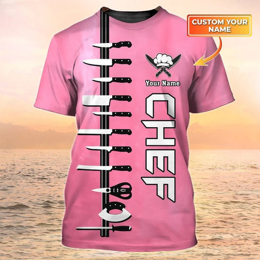 Custom Name Chef T Shirt, 3D All Over Print Chef Knives Pink Shirt TO2071