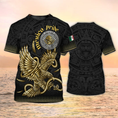 Mexico Pride T Shirt Men Aztec Shirts, Gold Eagle Mexican Shirt For Him TO3056