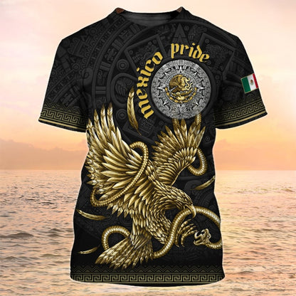 Mexico Pride T Shirt Men Aztec Shirts, Gold Eagle Mexican Shirt For Him TO3056