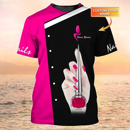 Nail Tech Custom Tshirt Nail Salon Uniform Black Pink 3D Tee Shirt TO2228