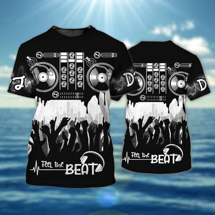 DJ Shirt Disc Jockey Shirts Short Sleeve, Feel The Beat Black 3D Shirt, DJ Gift TO2034