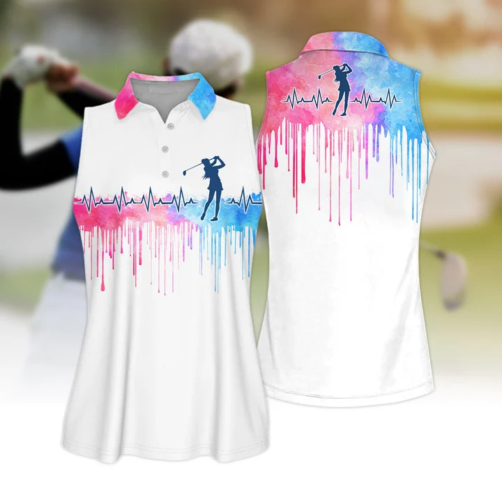 Lasfour 3D All Over Print Golf Polo Shirt, Golf Heart Beat Watercolor Sleeveless Polo Shirt SO1405