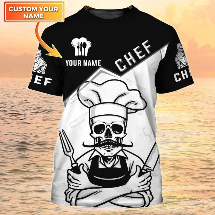 Customized 3D Master Chef Shirt Black And White Pattern, Skull Chef Shirt Men Women TO2078