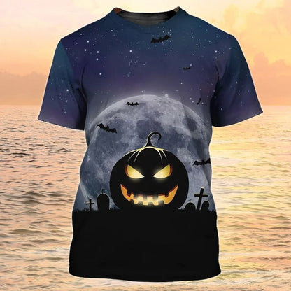 3D Sublimation Pumpkin Angry Halloween Shirt, Bat Flying Grave Night Halloween Tee Shirts TO2182