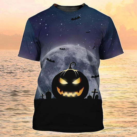 3D Sublimation Pumpkin Angry Halloween Shirt, Bat Flying Grave Night Halloween Tee Shirts TO2182