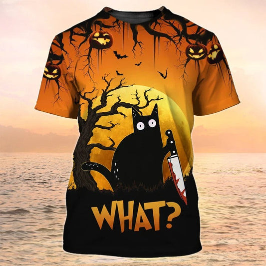 3D All Over Print Halloween Tshirts Black Cat Halloween Print Shirt Funny Halloween Shirts What TO2325