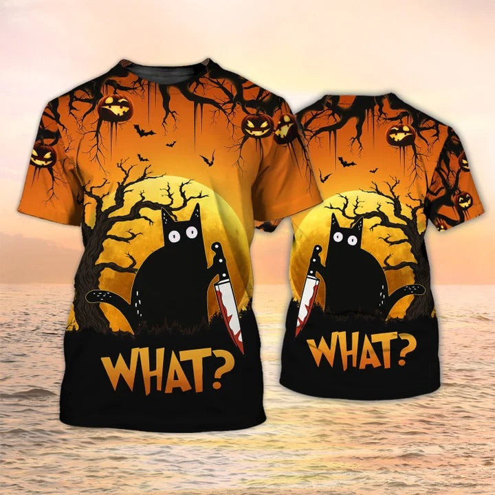 3D All Over Print Halloween Tshirts Black Cat Halloween Print Shirt Funny Halloween Shirts What TO2325