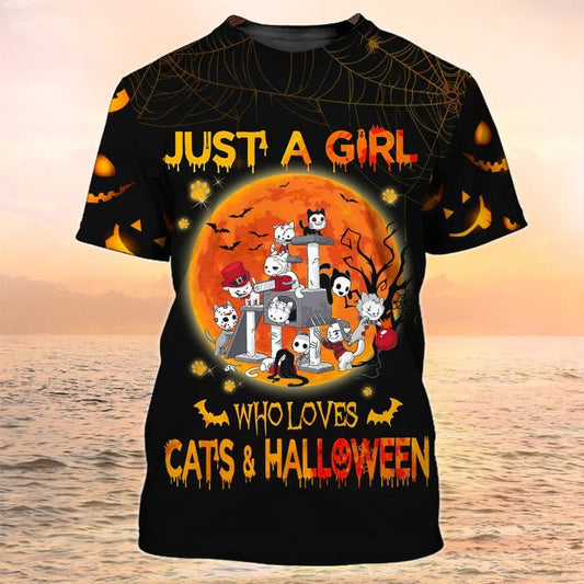 3D All Over Print Halloween Shirt Just A Girl Who Loves Cats And Halloween T Shirt TO2322