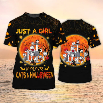 3D All Over Print Halloween Shirt Just A Girl Who Loves Cats And Halloween T Shirt TO2322