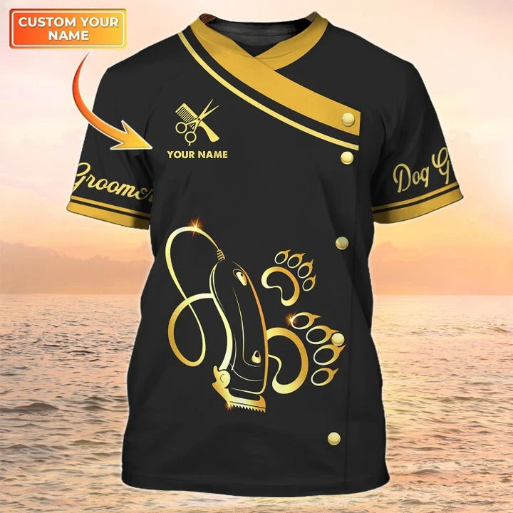 Dog Groomer Apparel Dog Grooming Custom T Shirt Grooming Uniform Black & Gold TO2425