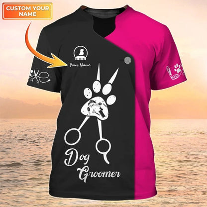 Personalized Dog Groomer T Shirt, Grooming Uniform Pet Salon Shirt Black Pink TO2423