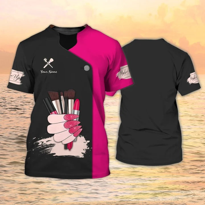 Custom 3D Print Make Up T Shirt, Make up Artist Shirts Makeup Uniform Black Pink TO2508