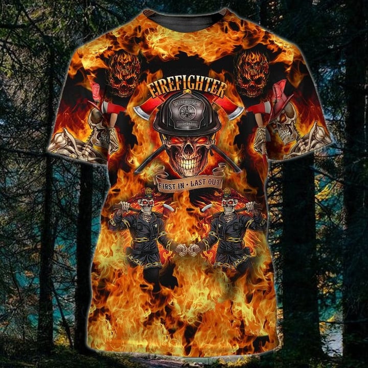 Skull Fire Pattern Firefighter 3D Shirt, First In Last Out, Skull Shirt TO3315