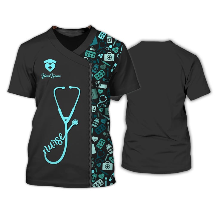 Personalized Blue Nursing Tools Pattern Shirts Medical Scrubs Clothing Custom Nurse Tshirt TO3164