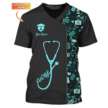 Personalized Blue Nursing Tools Pattern Shirts Medical Scrubs Clothing Custom Nurse Tshirt TO3164