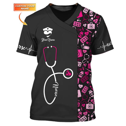 Nursing Tools Pattern Shirts Medical Scrubs Clothing Custom Nurse Tshirt Black Pink TO3163