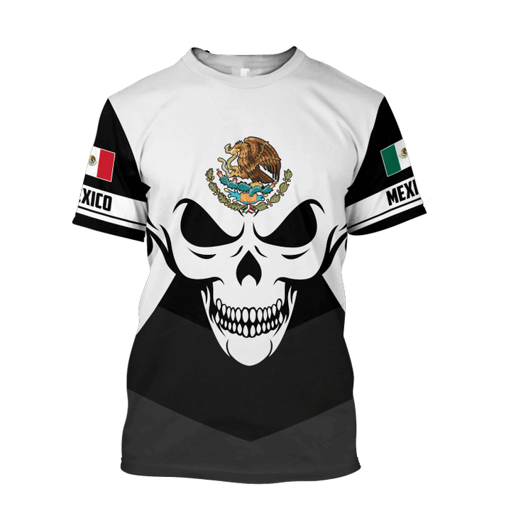 Mexico Coat Of Arms Skull Shirts, Mexico Flag Skull Background T-Shirt TO3084