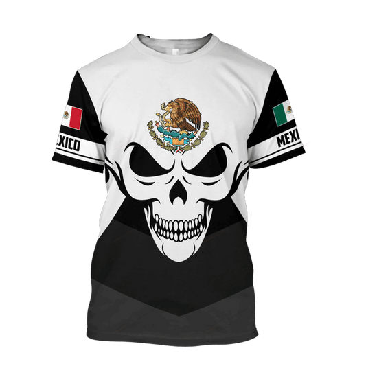 Mexico Coat Of Arms Skull Shirts, Mexico Flag Skull Background T-Shirt TO3084