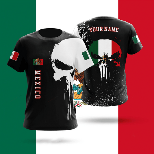 Skulls Printed With Flags Mexico Shirts, Personalized Name 3D All Over Print T-Shirt TO3081