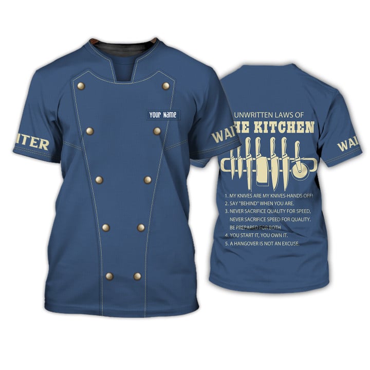 Chef Personalized Tee Shirt Waiter Apparel Waiter Wear Cook Shirts Waiter Uniform Blue TO3093