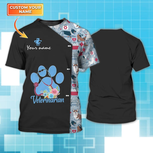 3D All Over Print Veterinarian Pattern Uniform Custom Name Black Shirt (Non Workwear) TO3209