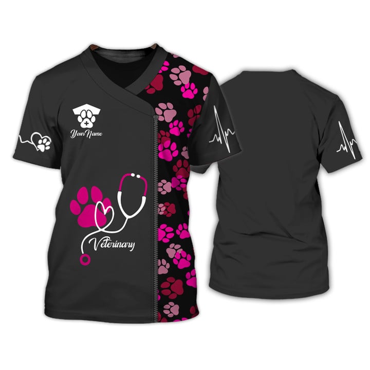 Black Pink Animal Veterinarian Uniform Personalized Name Paw Pattern 3D Tshirt TO3208