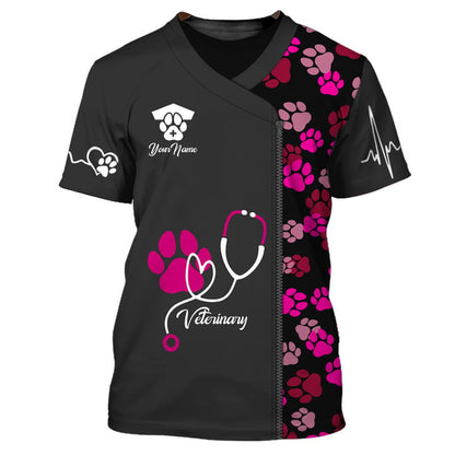 Black Pink Animal Veterinarian Uniform Personalized Name Paw Pattern 3D Tshirt TO3208