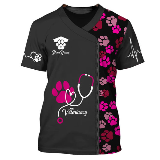 Black Pink Animal Veterinarian Uniform Personalized Name Paw Pattern 3D Tshirt TO3208