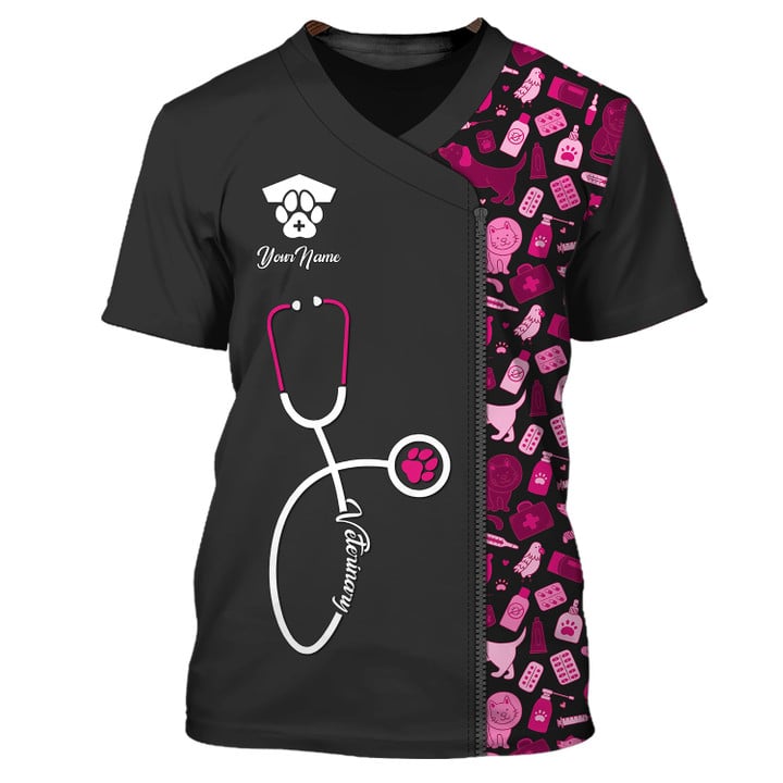 Black Pink Pet Veterinarian Tool Uniform Personalized Name Veterinary 3D Tshirt TO3206