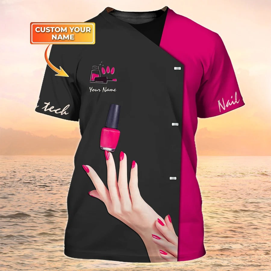 Custom 3D All Over Print Nail Tech Shirt Women, Manicurist Gift Black Pink, Nail Gift For Her, Nail Shop Uniform TO2591