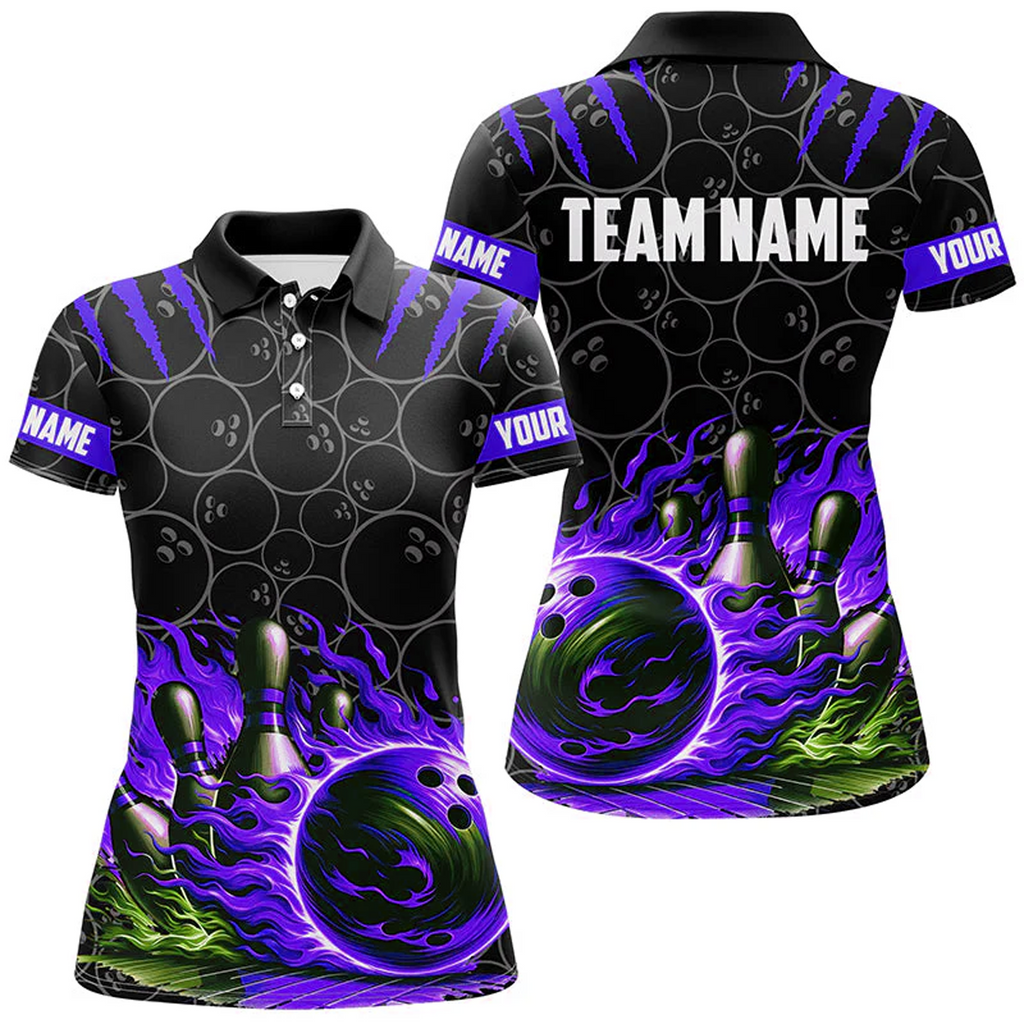 Bowling And Pins Flame Multicolor Option Customized Name 3D Shirt For Women BO0439