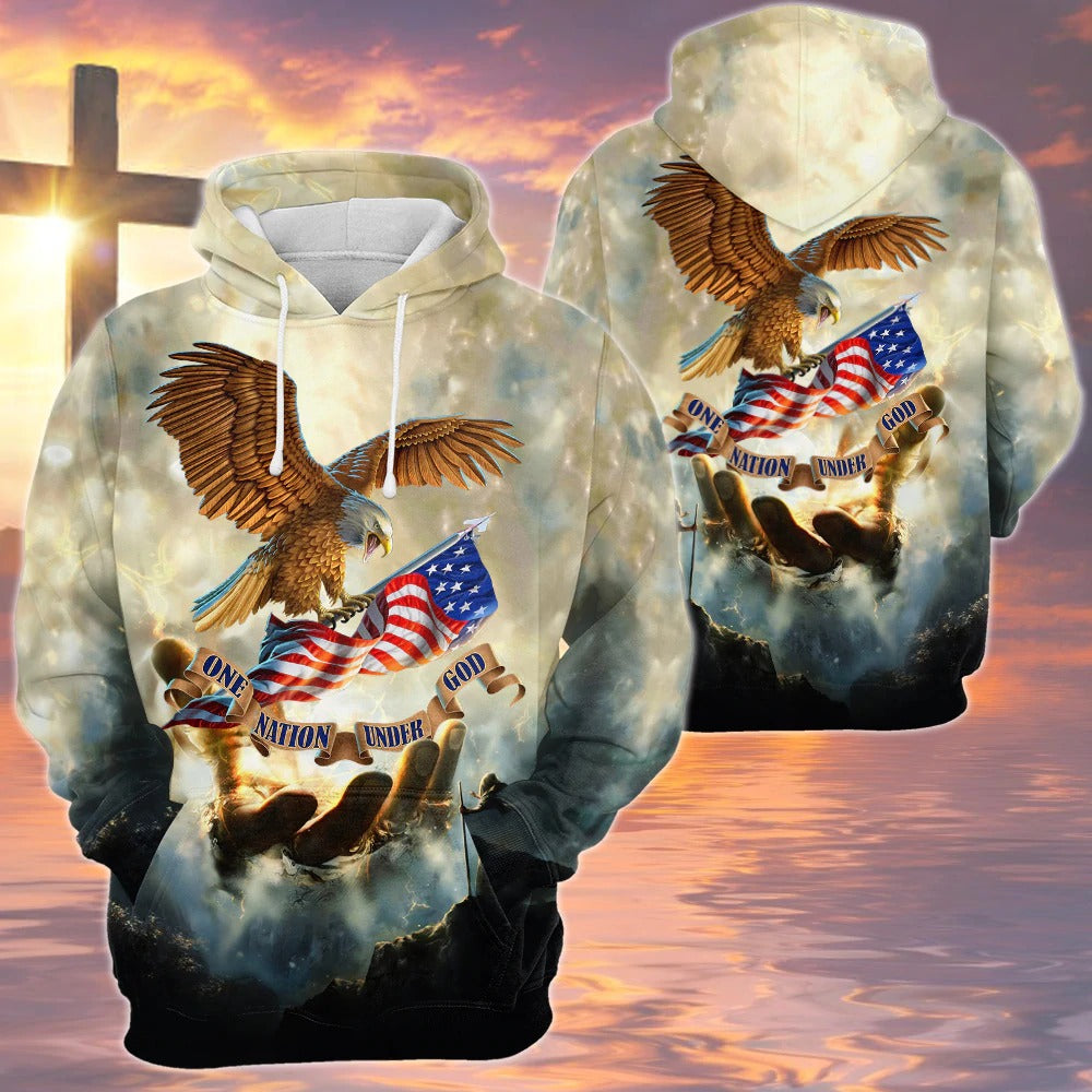 One Nation Under God Eagle American Flag Hand Of God All Over Print Shirt 4Th Of July 3D Sweatshirt TO0228