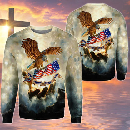 One Nation Under God Eagle American Flag Hand Of God All Over Print Shirt 4Th Of July 3D Sweatshirt TO0228