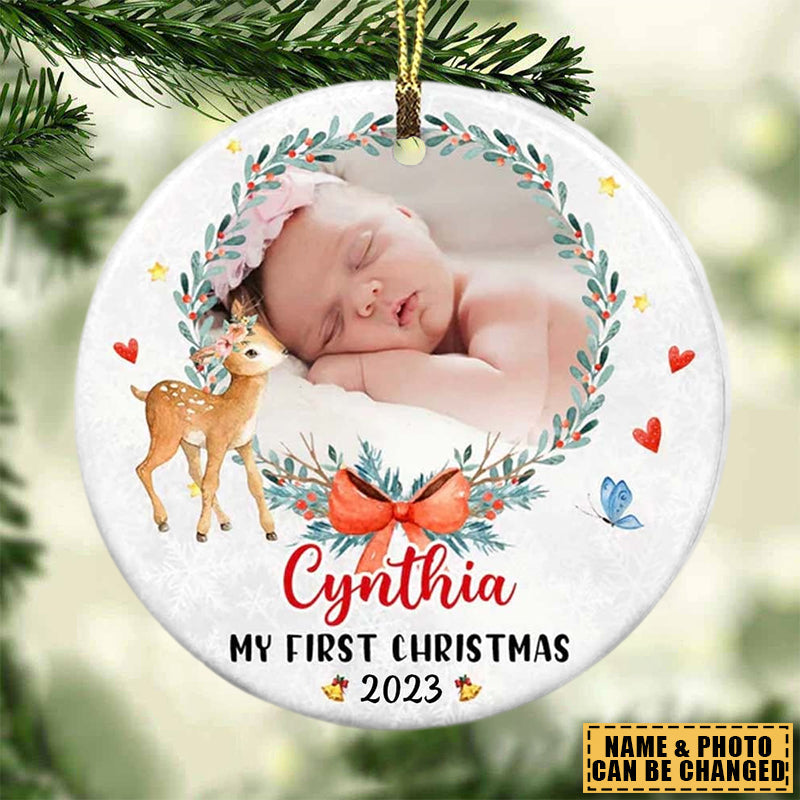 Custom Photo Baby New First Christmas 2024 Circle Ceramic Ornament, Gift for Family SO1159