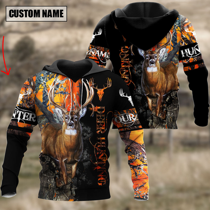 Personalized Name Orange Deer Hunting 3D Hoodie Shirt, Hunting Shirt for Men SO0438