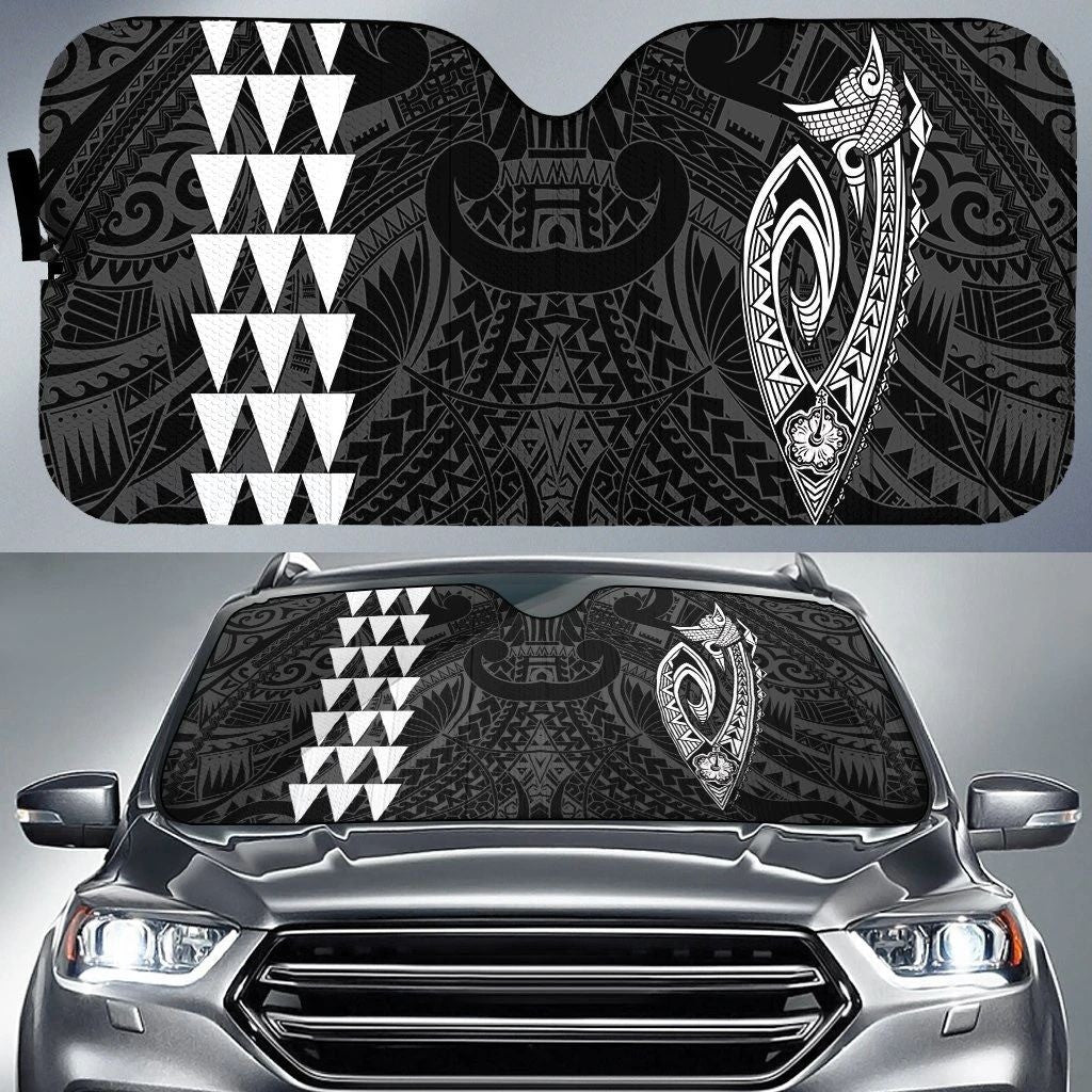 White Hawaii Map Turtle Ohana Hibiscus Kakau Polynesian Car Sun Shade Cover Auto Windshield Lasfour SO0396