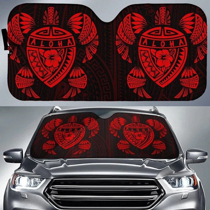 Red Hawaii Map Turtle Ohana Hibiscus Kakau Polynesian Car Sun Shade Cover Auto Windshield Lasfour SO0397