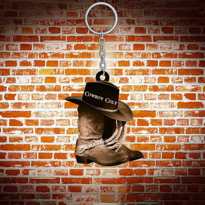 Personalized Cowboy Keychain, Cowgirl Keychain Custom Acrylic Flat Keychain Boot and hat SO0192