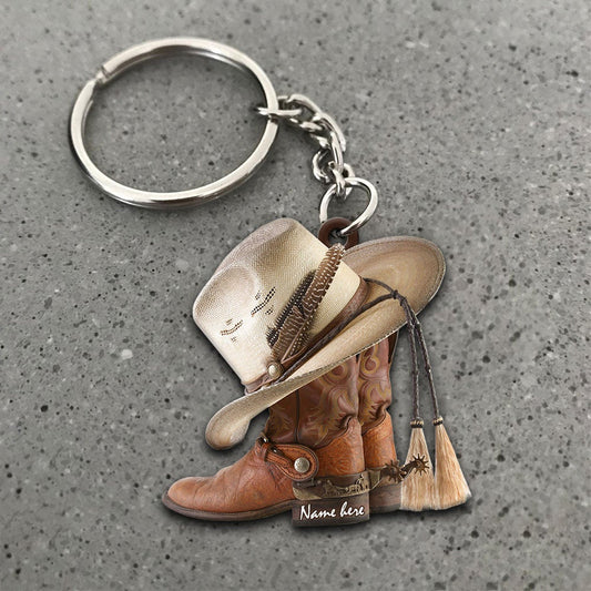 Personalized Cowboy Keychain, Cowgirl Keychain Custom Acrylic Flat Keychain Boot and hat SO0192