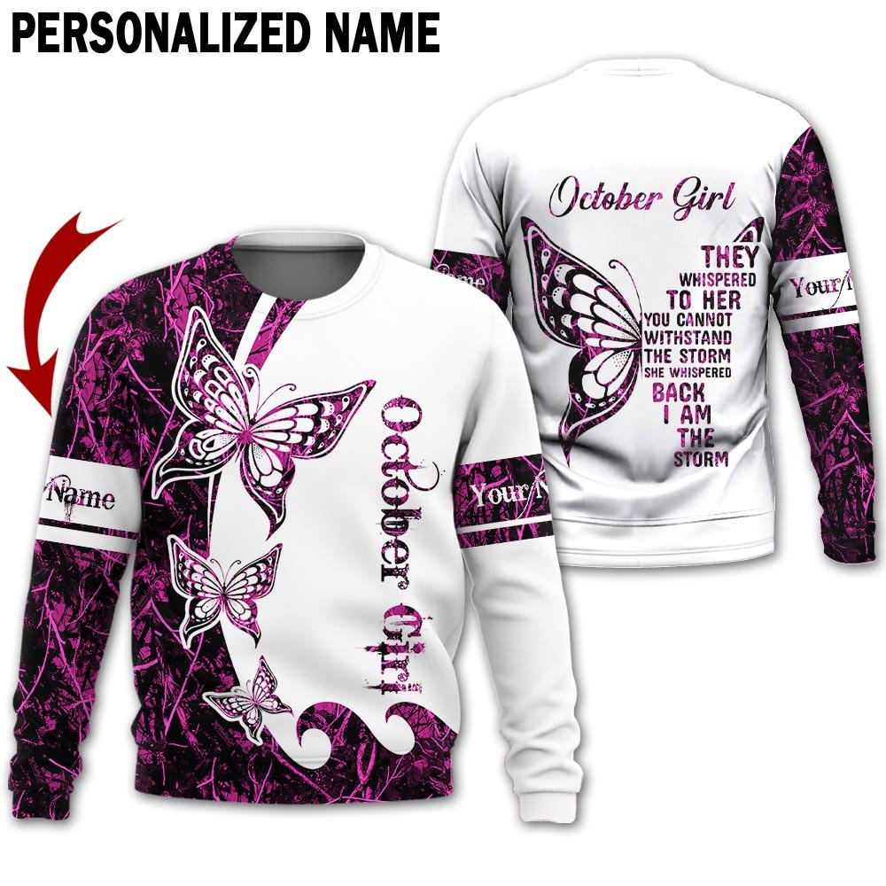 Presonalized Name Birthday Outfit October Girl 3D All Over Printed Bufterfly Huting Pattern Birthday Shirt TO2846