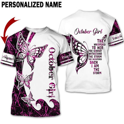 Presonalized Name Birthday Outfit October Girl 3D All Over Printed Bufterfly Huting Pattern Birthday Shirt TO2846