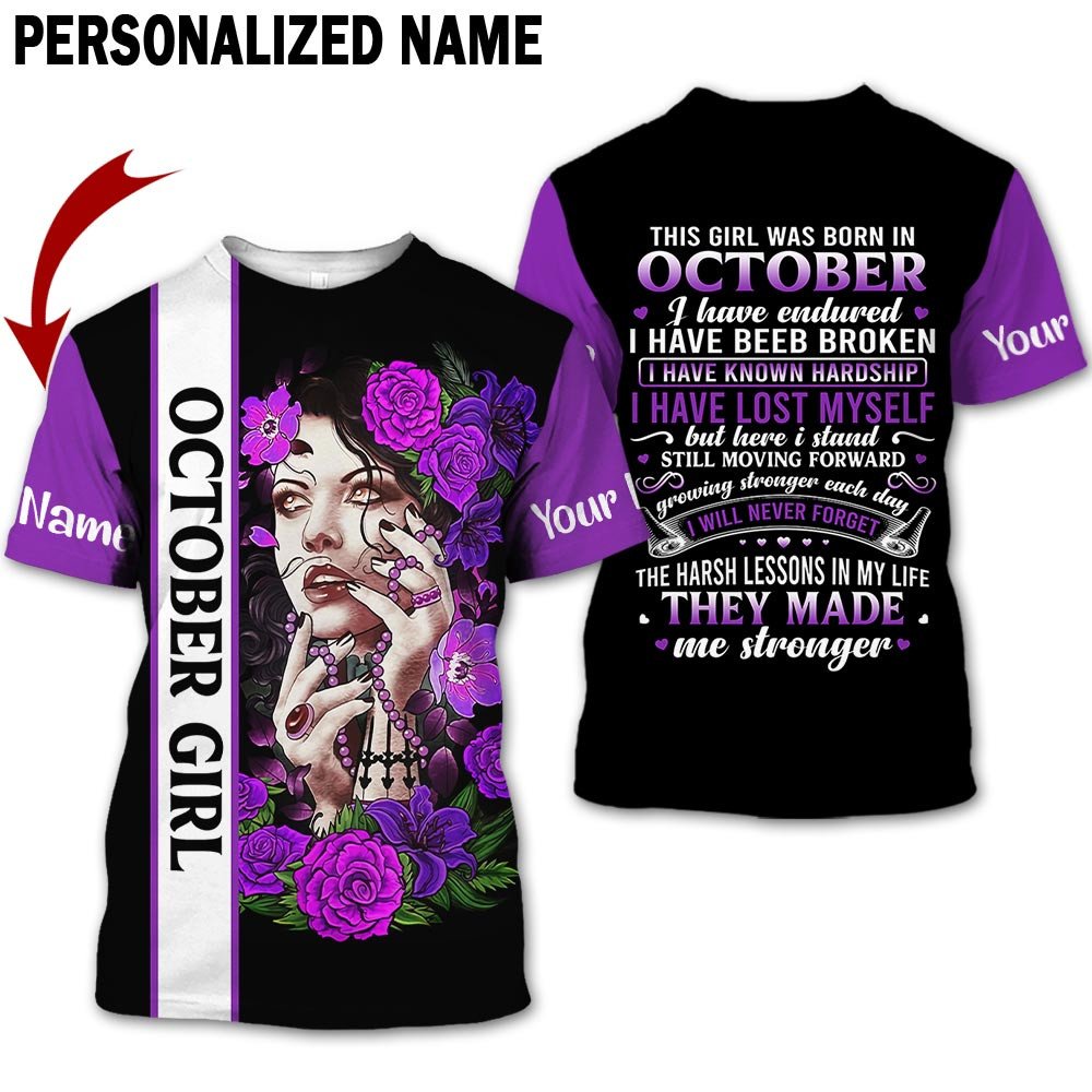 Presonalized Name Birthday Outfit October Girl 3D All Over Printed Purple Flower Girl Birthday Shirt TO2832