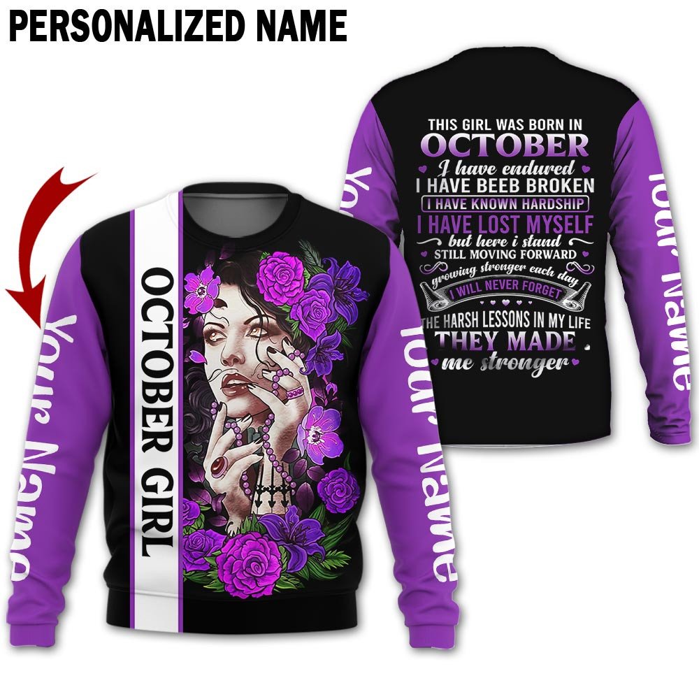 Presonalized Name Birthday Outfit October Girl 3D All Over Printed Purple Flower Girl Birthday Shirt TO2832