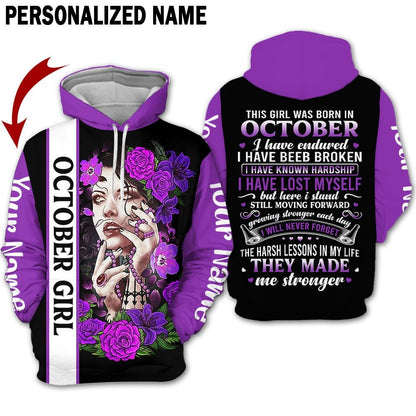 Presonalized Name Birthday Outfit October Girl 3D All Over Printed Purple Flower Girl Birthday Shirt TO2832